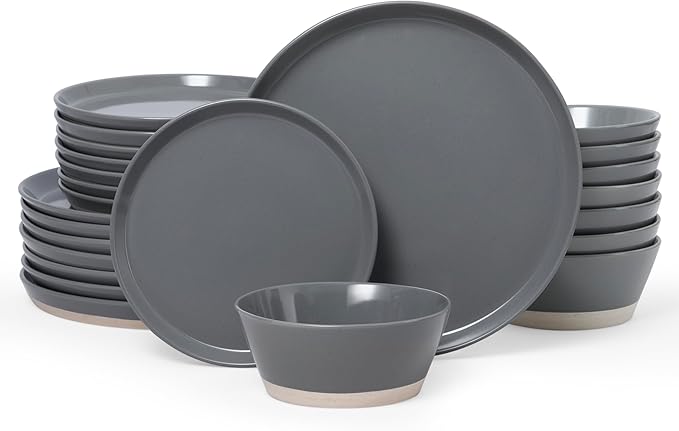 Famiware Saturn Dinnerware Sets for 8, 24 Pieces Stoneware Plates and Bowls Dish Set - Chip and Scratch Resistant, Microwave and Dishwasher Safe Tableware, Dark Gray