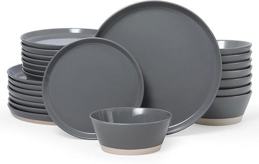 Famiware Saturn Dinnerware Sets for 8, 24 Pieces Stoneware Plates and Bowls Dish Set - Chip and Scratch Resistant, Microwave and Dishwasher Safe Tableware, Dark Gray