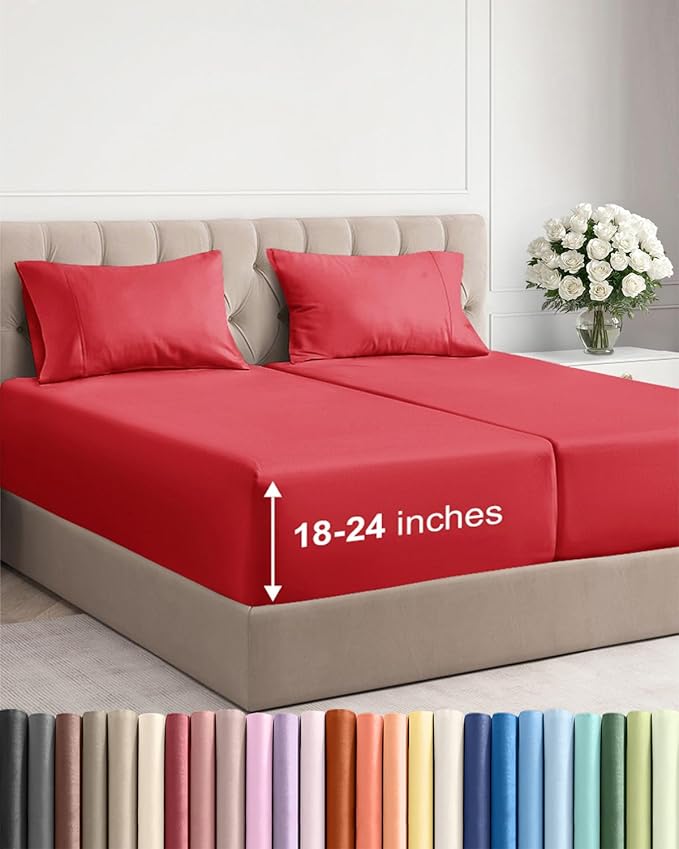 Extra Deep Pocket Split King Sheets - 5 Piece Breathable & Cooling Bed Sheets - Hotel Luxury Bed Sheet Set - Soft, Wrinkle Free & Comfy - Easily Fits Extra Deep Mattresses - Deep Pocket Red Sheets Set