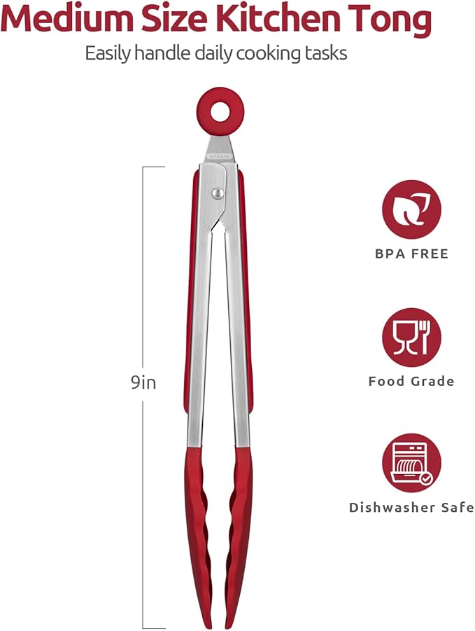 600쨘F Heat Resistant Kitchen Tongs: U-Taste 9 inch Silicone Cooking Tong with Firm Sealed Non Stick Rubber Tips & Silicon Coated 18/8 Stainless Steel Handle & Smooth Locking for Serving Salad (Red)