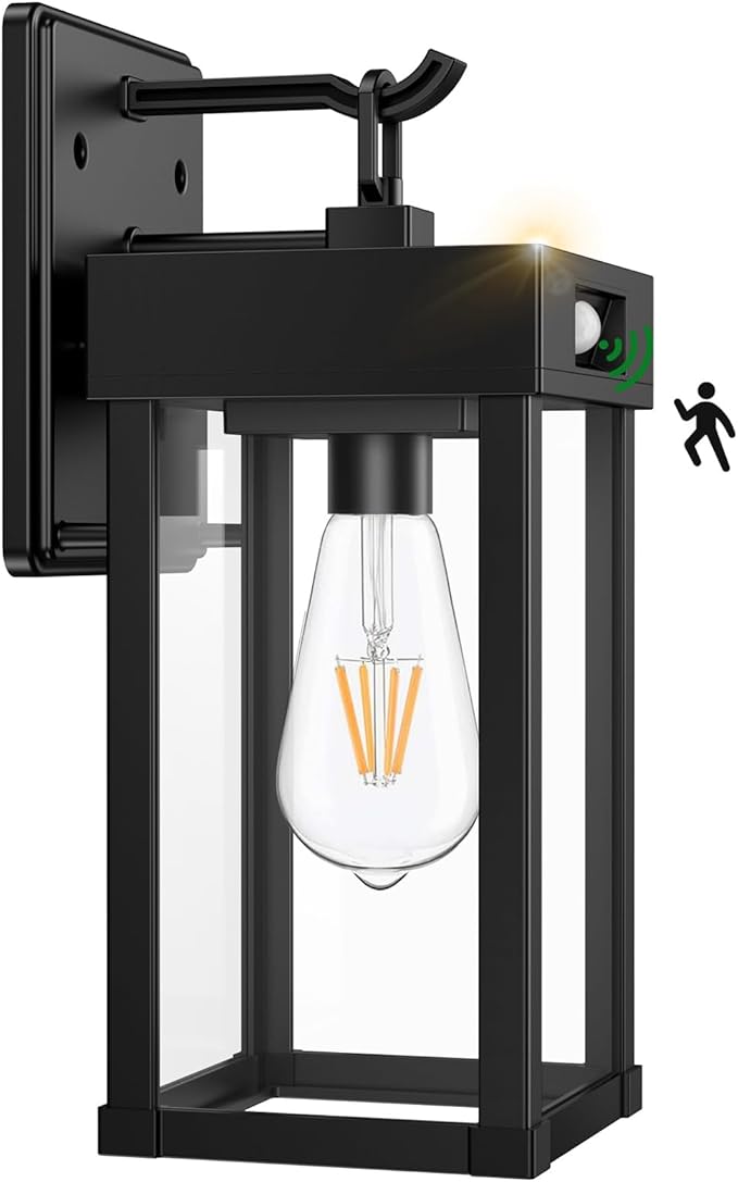 Auzev Outdoor Solar Wall Lights Fixtures Exterior Solar Lantern Lights With Clear Panel, Motion Sensor 3Lighting Modes Modern Sconce Waterproof Outside Lamp for House Garage (Black-1P)