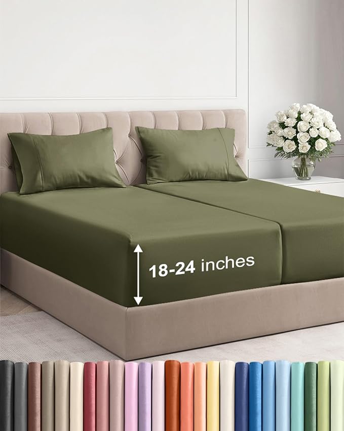 Extra Deep Pocket Split King Sheets - 5 Piece Breathable & Cooling Bed Sheets - Hotel Luxury Bed Sheet Set - Soft, Wrinkle Free & Comfy - Easily Fits Extra Deep Mattresses - Sage Green Sheets Set