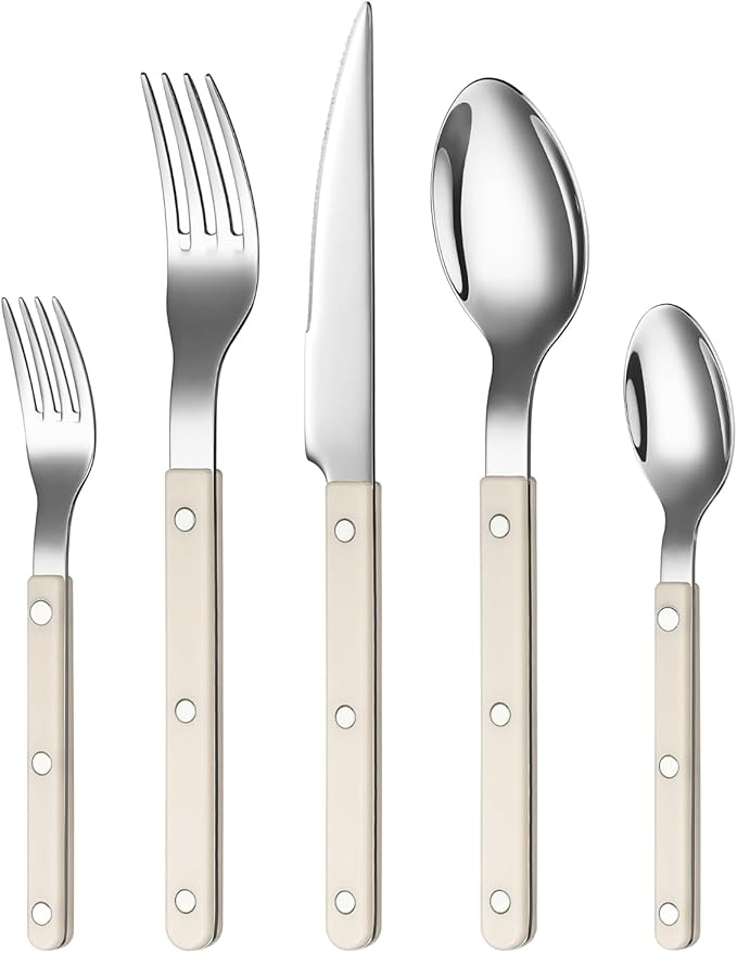 Khen Cutlery Set of 20, 18/8 Stainless Steel Flatware, Modern Silverware for Home, Kitchen, Dining & Table Setting for 4 ??Stainless Steel, Dishwasher Safe, Lightweight & Ergonomic Design Gift - Cream