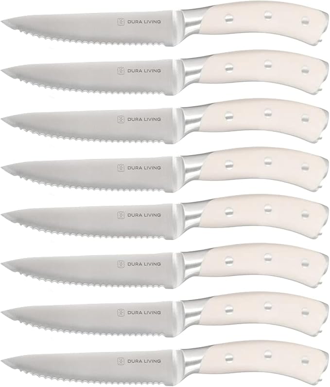 DURA LIVING 8-Piece Serrated Kitchen Steak Knife Set ??Forged High Carbon Stainless Steel, Ultra Sharp, Ergonomic Black Handles, Durable Dinner Knives, Cream Handle