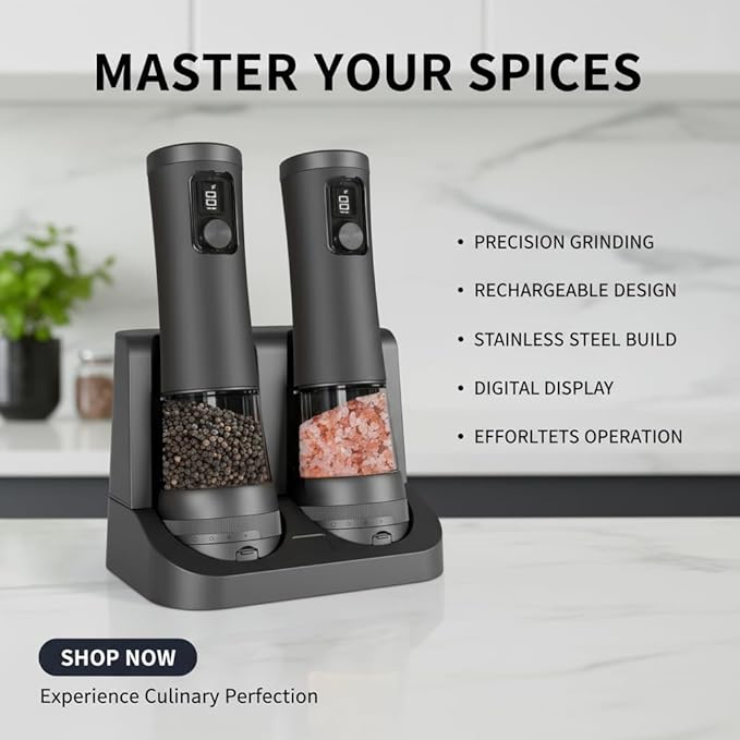 Electric Salt and Pepper Grinder Set With Battery Display Rechargeable Base, External Adjustable Coarseness, Automatic Ceramic Salt & Pepper Shakers Mills(Black Pro)