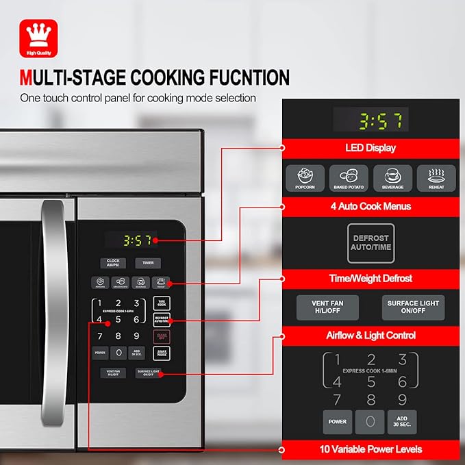 GASLAND 30 Inch Over the Stove Microwave, 1.7 Cu.ft. Over Range Microwave with 10 Power Levels, One Touch Cooking, 300 CFM,1000W, LED, Turntable, Sensor Cook, Above Stove Microwave, Stainless Steel