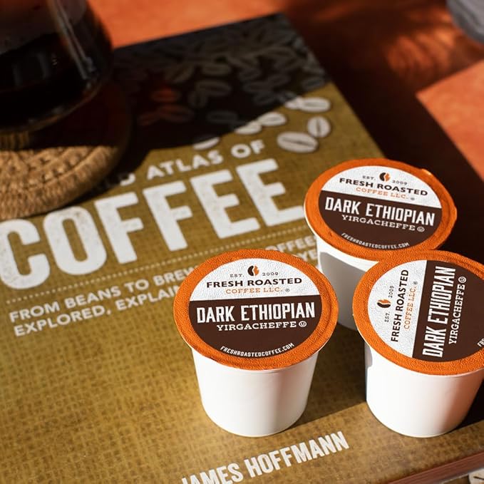 Fresh Roasted Coffee, Dark Ethiopian Yirgacheffe Kochere, Dark Roast, 72 Pods for K Cup Brewers