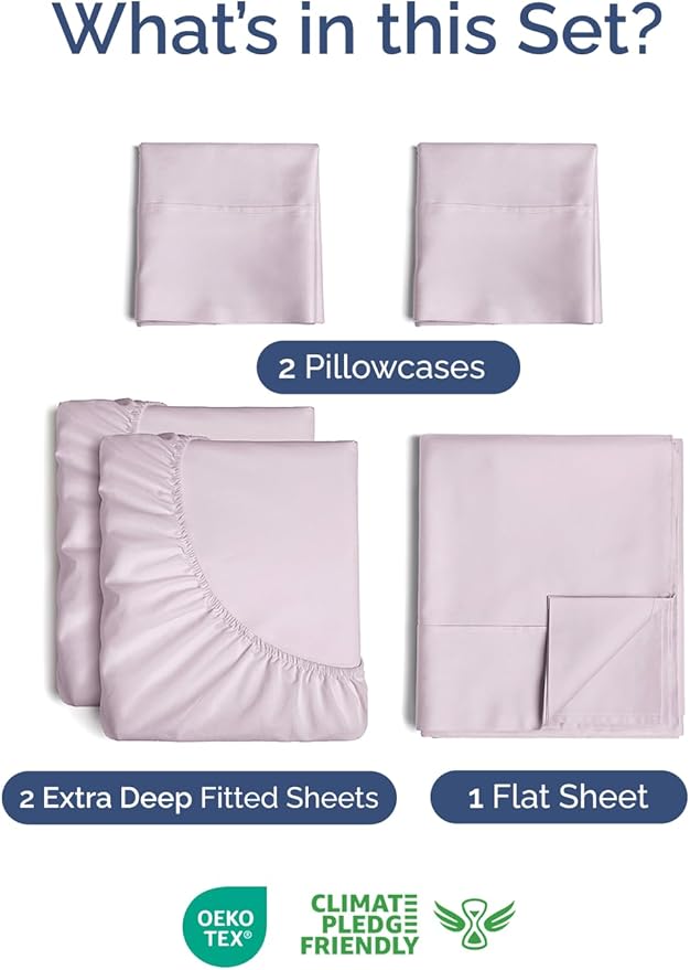 Extra Deep Pocket Split King Sheets - 5 Piece Breathable & Cooling Bed Sheets - Hotel Luxury Bed Sheet Set - Soft, Wrinkle Free & Comfy - Easily Fits Extra Deep Mattresses - Light Lavender Sheets Set