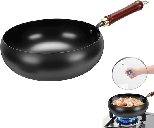Gugxiom Suntuup Japanese Iron Pan, 28cm Cast Iron Wok, with Spatula, 2 Covers to Choose From, for Pots On Electric Stoves/Induction Cookers/Gas Stoves (Glass lid)