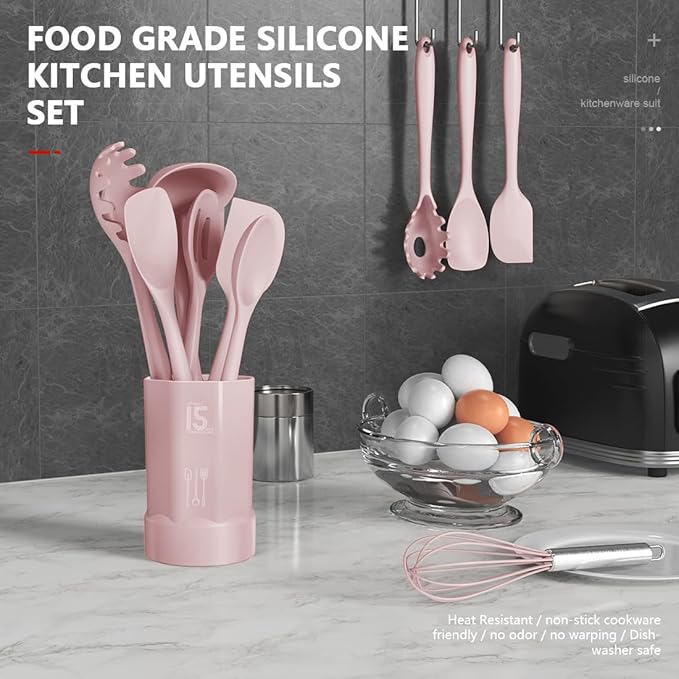 AOTHOD Silicone Cooking Utensils Set - 446째F Heat Resistant Kitchen Utensils, Spatula,Turner Tongs,Spoon,Whisk,Kitchen Utensil Gadgets Tools Set for Nonstick Cookware,Dishwasher Safe BPA Free(Pink)