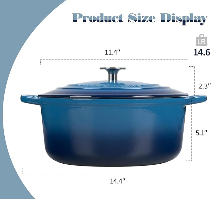 Enameled Cast Iron Dutch Oven Pot with Lid, 7 Quart, Round Dutch Ovens for Bread Baking, Bread Oven, Oven Safe up to 500째F, Lake Blue