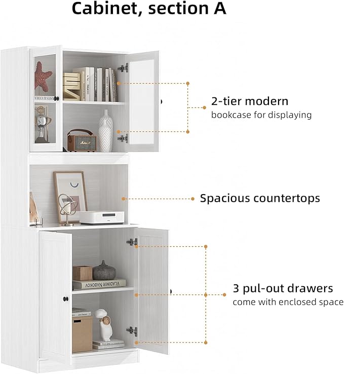 VOWNER 3PCS Bookshelf and Bookcase, 5-Tier Modern Bookshelves with 3 Large Drawer, Glass Display Cabinet with Lager Storage Shelf, Combination Storage Shelves for Home Office, White (CAC)