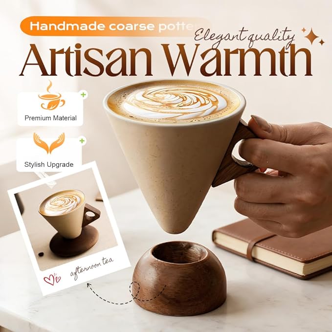 Vintage Coarse Pottery Coffee Mug with Wooden Handle and Saucer, 2026 New Ceramic Cup for Espresso Latte Tea, Wooden Handle Mug Set for Home & Office (Oval base-250ml)