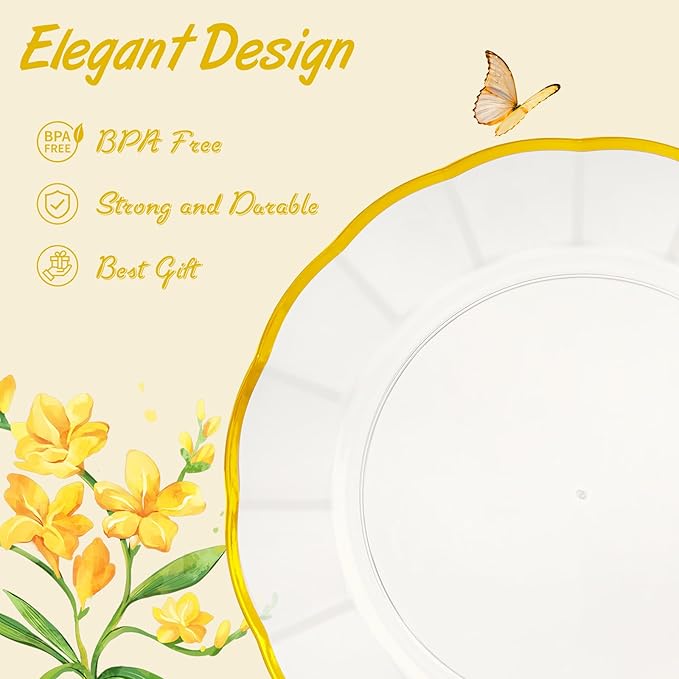 EI 150pcs Clear Plastic Plates with Gold Plastic Silverware,Disposable Plate Heavy Duty,Clear and Gold Dinnerware Set,Elegant Plates for Party,Wedding,Afternoon Tea,Spring,Valentine's Day