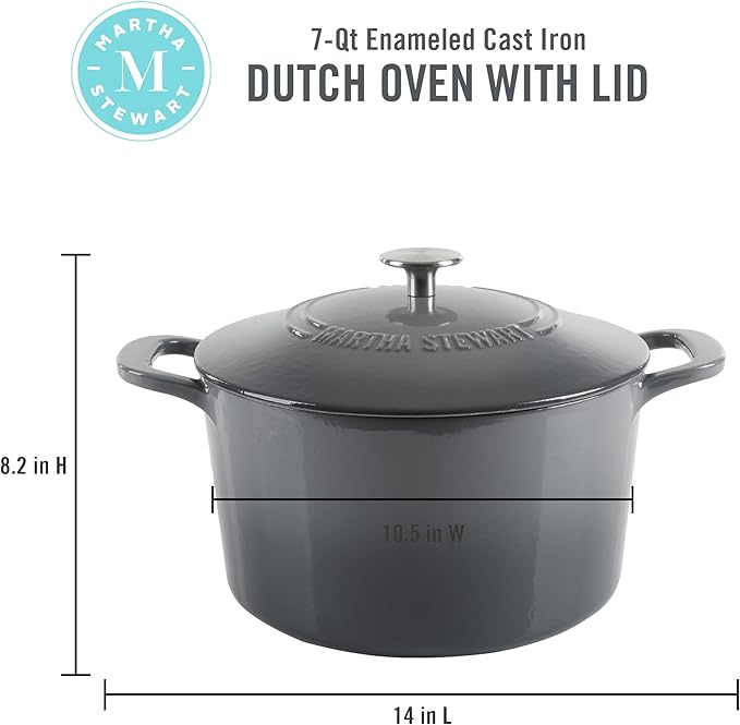 MARTHA STEWART Gatwick 7-Quart Enamel Cast Iron Dutch Oven ??Classic Grey ??Durable Heavy-Duty Dutch Oven for Slow Cooking, Braising & Baking