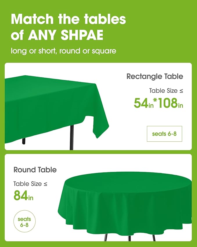 Pureegg Plastic Table Cloth Disposable 12 Pack, 54 x 108 Inch Table Cloths, St Patricks Day, Christmas Decorations, Tablecloths, Rectangle, Forest, Emerald, Plastic Cover, Leakproof & Sturdy, Green