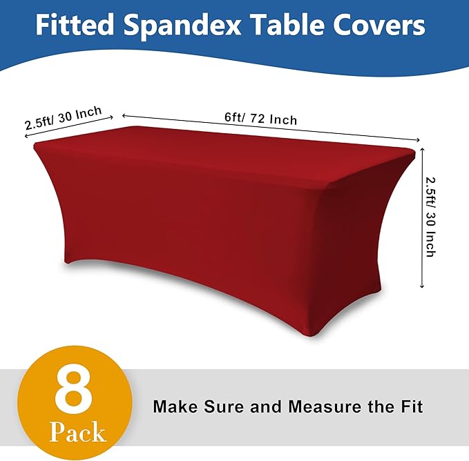 Enjoyidea Spandex Table Cover for 6 foot Rectangle Tables-8 Pack Fitted Stretch Red Tablecloth-Elastic 6ft Christmas Tablecloths for Party, Vendor Booth Display, Banquet Buffet Event, Craft Trade Show