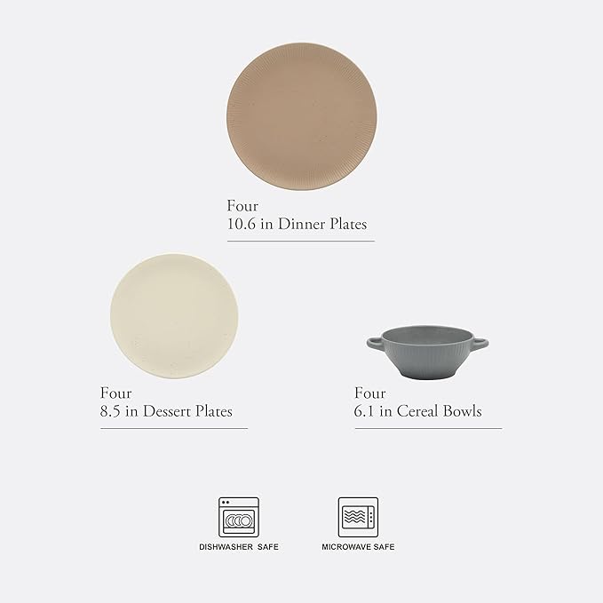 Gibson Elite Clover Hill 12-Piece Stoneware Dinnerware Set ??Assorted Colors in Sage Green, Charcoal, Taupe & Cream ??Embossed Reactive Glaze Plates & Bowls, Microwave & Dishwasher Safe, Service for 4