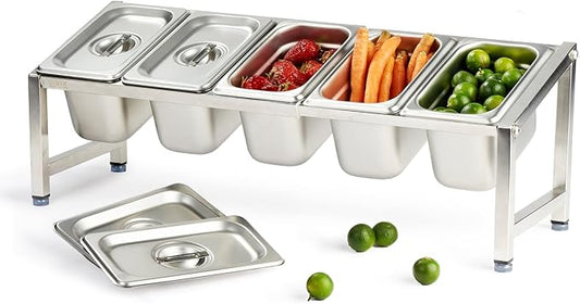 CURTA Expandable 18/8 Stainless Steel Spice Rack Set, NSF Certified, 1-Tier Inclined Organizer Shelf with 5 1/9 4??Pan&Lid, 13.8" - 23.6" Adjustable, Countertop Holder for Seasoning Ingredients