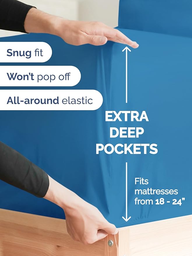 Extra Deep Pocket Full Sheets - 4 Piece Breathable & Cooling Bed Sheets - Hotel Luxury Bed Sheet Set - Soft, Wrinkle Free & Comfy - Easily Fits Extra Deep Mattresses - Deep Pocket Denim Blue Sheets