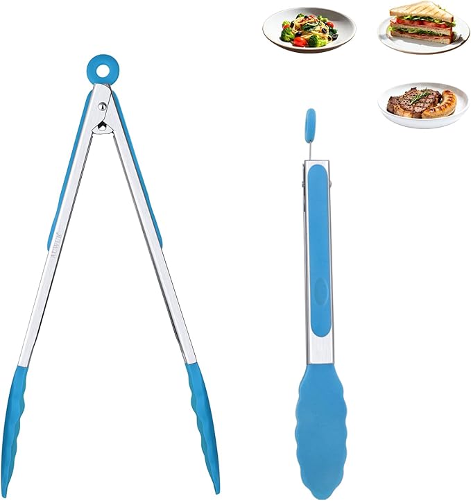 Salad Tongs, 7/9/12/16 Inch Silicone Food Tongs with 304 Stainless Steel Core, Easy-Grip, in Pistachio, Black, Blue, Orange, Red (Blue, 9+12inch)