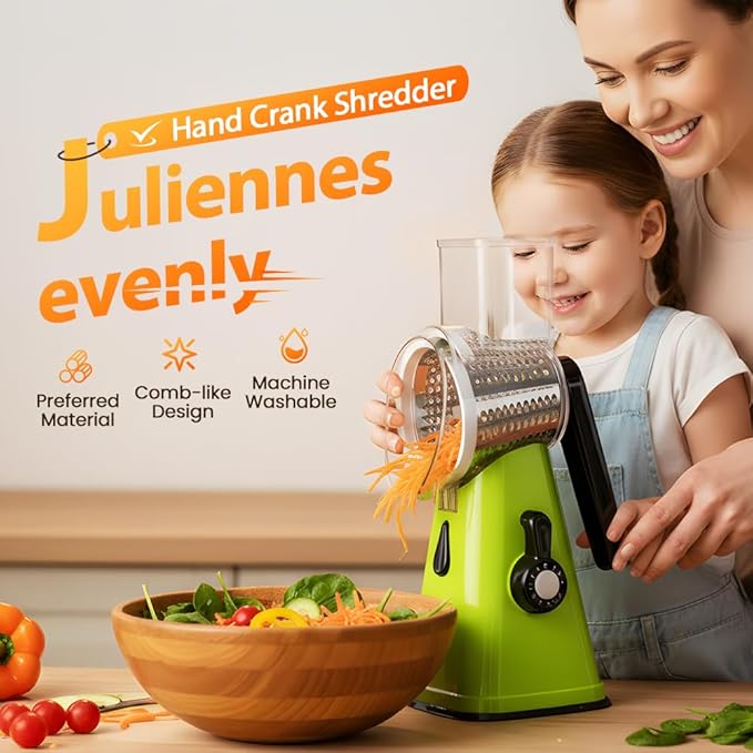 5 In 1 Food Chopper, 2026 New Rotary Cheese Grater - 3 Interchangeable Blades Manual Speed Round Food Slicer, Nut Grinder with Strong Suction Base (Green)