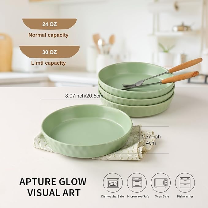Dinner Plates Set of 4, 8 Inch Ceramic Salad Plates With High Rim for Pasta, Salad, Steak and Main Course, Microwave, Oven and Dishwasher Safe - Green