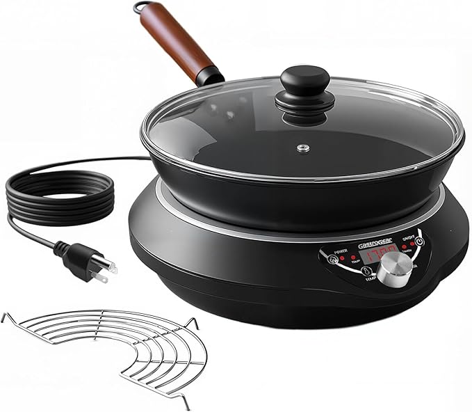 Induction Wok Cooktop Set, 2025 New & Improved Electric Skillet Induction Burner w/Carbon Steel Wok, Glass Vented Lid, Rack, 176째F to 464째F, 18 Hrs Timer, Auto-off (Black 110V~120V)