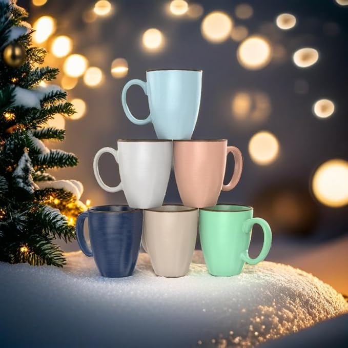 Francois et Mimi Set of 6 12oz Designer Ribbed Style Colorful Ceramic Coffee Mugs, Coffee Cups Gift Set for Coffee, Tea, Cocoa and More. Dishwasher and Microwave Safe.