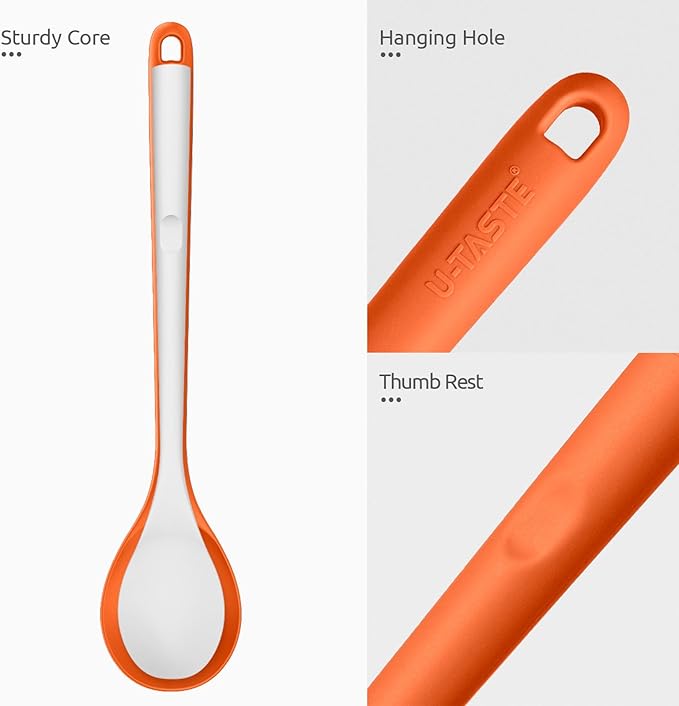 600쨘F Heat Resistant Silicone Spoons: U-Taste 13.3in Solid & Slotted Kitchen Cooking Spoon, Nonstick Long Rubber Utensil, Sturdy for Mixing, Serving, Stirring, Frying, Draining (Orange, 2PCS)