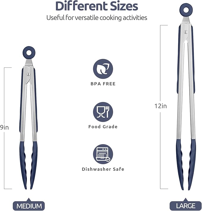 600쨘F Heat Resistant Kitchen Tongs: U-Taste 9+12 inch Silicone Cooking Tong Set with Firm Sealed Non Stick Rubber Tips and Silicon Coated 18/8 Stainless Steel Handle for Serving Grilling-Midnight Blue