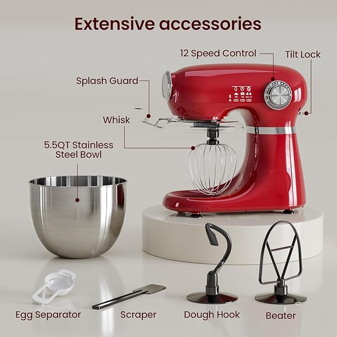 Kismile 5.5QT Tilt-Head Stand Mixer, 12-Speed Electric Kitchen Mixer with 304 Stainless Steel Bowl - Includes Dough Hook, Whisk, Beater for Baking Bread, Cakes, Cookies（Bright Red）