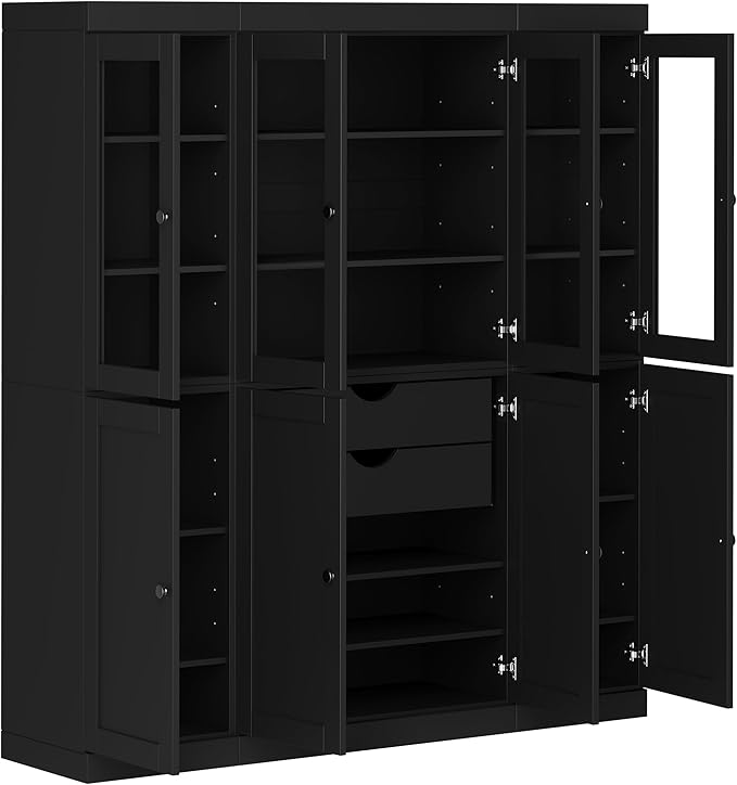Palace Imports 100% Solid Wood Kitchen China Pantry Cabinet, 65" W - 4 Clear Glass & 4 Shaker Doors, Renewable Eco-Friendly Wood, Made in Brazil (Black, 8 China/Shaker Doors | 2 Drawers)