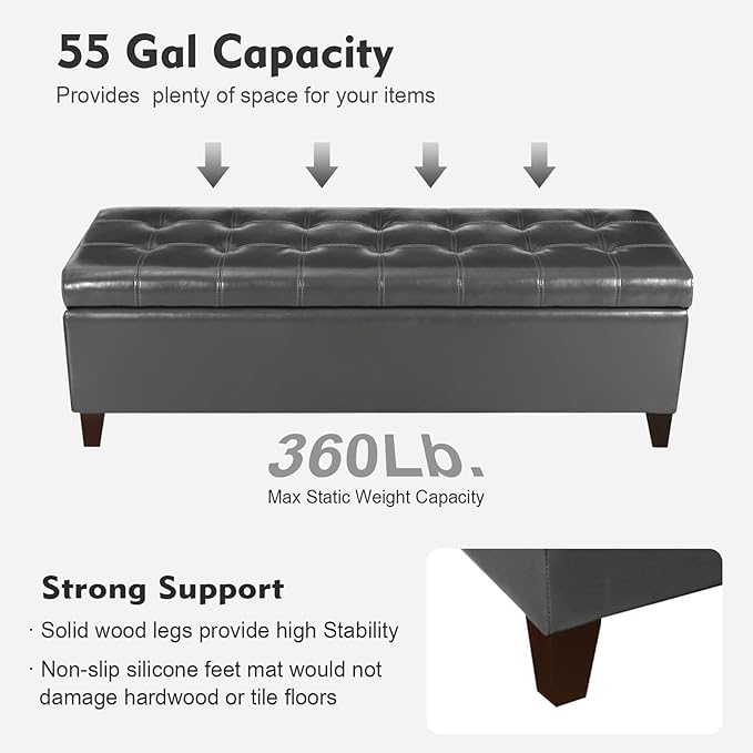DECO DE VILLE Ottoman with Storage, 51 Inch End of Bed Storage Ottoman Bench, Faux Leather Upholstered Ottomans with Hinged Lid, Rectangle Long Foot Rest Bench for Entryway Living Room Bedroom Gray