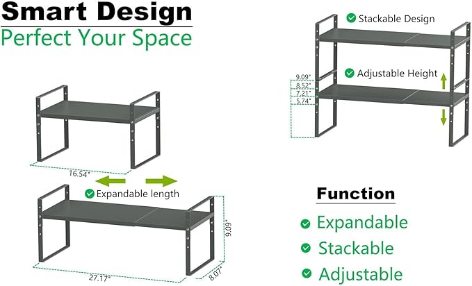 Expandable Stackable Spice Rack Cabinet Shelf Organizer in Cabinets Shelves Kitchen Cupboard Organization Stack up Racks Pantry Countertop Storage (Gun-Gray, Medium 1 Pack G)