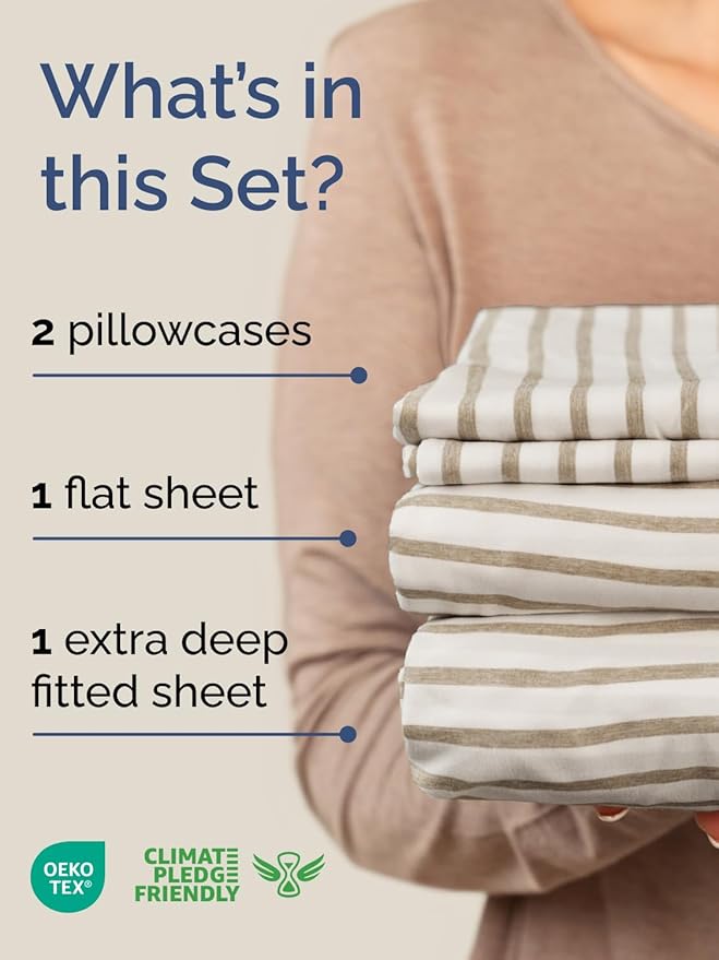 Extra Deep Pocket King Sheets - 4 Piece Breathable & Cooling Bed Sheets - Hotel Luxury Bed Sheet Set - Soft, Wrinkle Free & Comfy - Easily Fits Extra Deep Mattresses - Deep Pocket Beige Striped Sheets