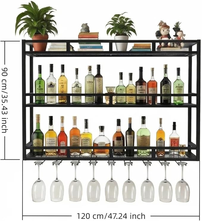 Wall Mounted Wine Racks 3 Tier, Bar Shelves Wall Mounted with Wine Glass Holder, Black Bar Shelves for Liquor Bottles, Wall Bar Cabinet for Home Bar, Kitchen, Dining Room(47 * 9.8 * 35in)