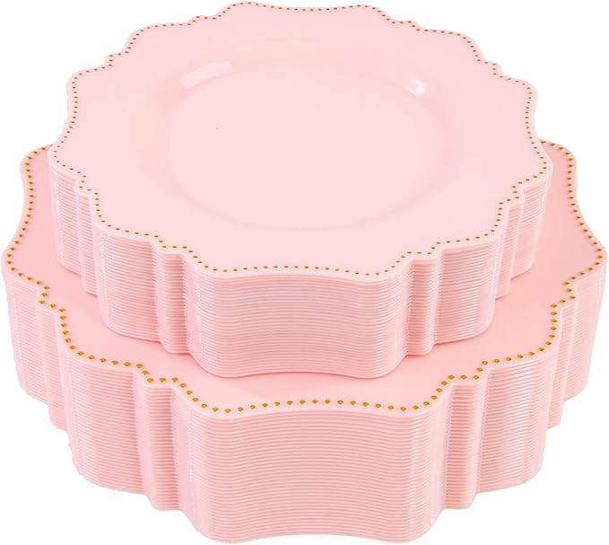 COLOSUS 60pcs Disposable Plastic Plates Set, Gold Pink Party Plates, 30pcs Dinner Plates and 30pcs Salad/Dessert Plates for Wedding, Party, Anniversary, Daily Use