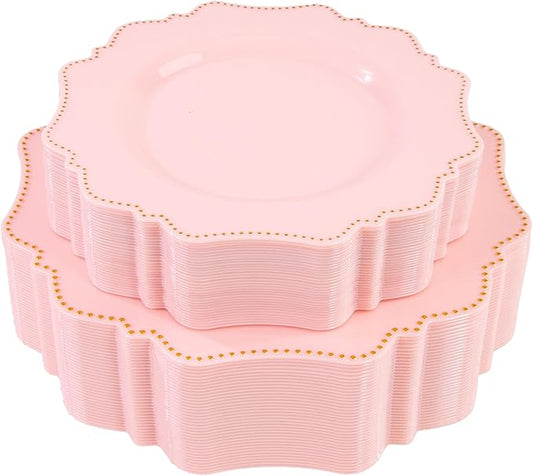 COLOSUS 60pcs Disposable Plastic Plates Set, Gold Pink Party Plates, 30pcs Dinner Plates and 30pcs Salad/Dessert Plates for Wedding, Party, Anniversary, Daily Use