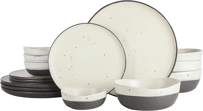 Gibson Elite Rhinebeck 16-Piece Double Bowl Dinnerware Set, Service for 4 ??White and Black Stoneware Plates and Bowls