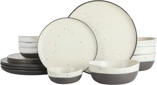 Gibson Elite Rhinebeck 16-Piece Double Bowl Dinnerware Set, Service for 4 ??White and Black Stoneware Plates and Bowls