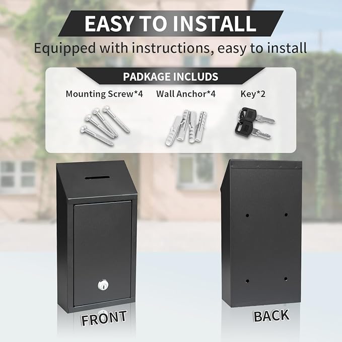 Metal Suggestion Box Cash Box Wall-Mounted & Tabletop With Lock slot for Fundraising Comment Voting Prayer Money Drop Donation for Home Office Outdoor 10.62횞5.51횞2.36"