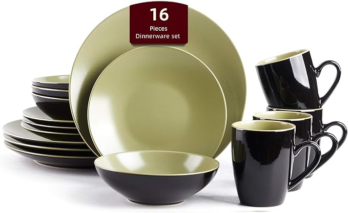 Stoneware Two-Tone Colors Life 16pc Dinner Set竊똎utside Shiny Black + Inside Matte Glaze Olive