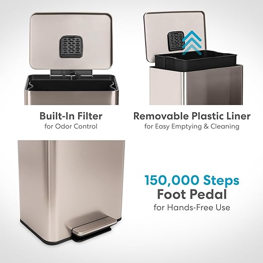 SIMPLI-Magic 13.2 Gallon (50L) Step Trash Can ??Kitchen Garbage Can with Slow-Close Lid ??Odor Control, Hands-Free, Easy to Clean, Brushed Stainless Steel (Rose Gold)