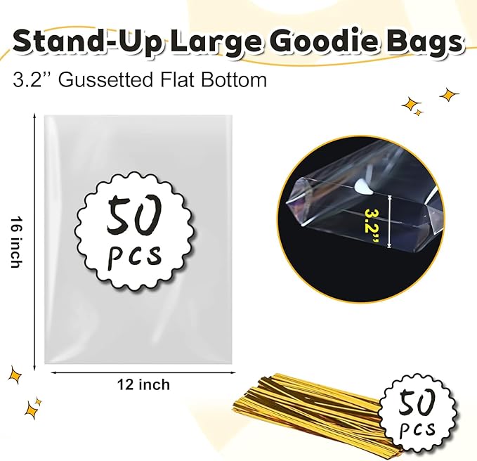 PigPotParty Cellophane Bags 12"x16", 50 Pack Clear Gift Bags, Bottom Gusset for Stand-Up Display, Medium Plastic Cellophane Gift Wrap, Ideal for Large Goodies, Treats, Favors, Mugs, Includes 50 Ties