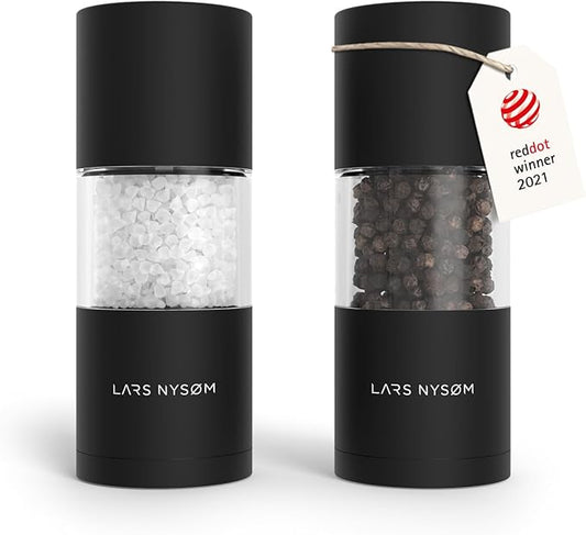 LARS NYS횠M Salt and Pepper Grinder Set, Manual Salt and Pepper Mills with Adjustable Ceramic Grinder, Design Spice Shaker Set (Carbon Black)