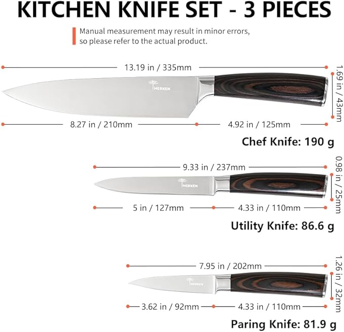 Kitchen Knife Set - 3 Pieces | Chef Knife Set | 8" Chef Knife, 5" Utility, 3.5" Paring | High Carbon Stainless Steel, Ultra Sharp Blades, Ergonomic Pakkawood Handles | Japanese Style Kitchen Knife