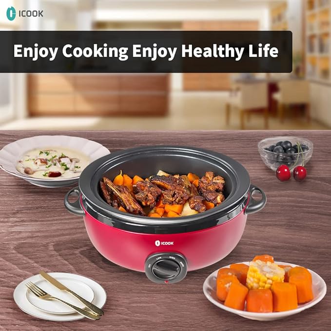ICOOK USC-65-OP001RD 6.5 Quart Slow Cooker,Aluminium Sear/Saut챕 Stew Pot Stovetop safe,Dishwasher Safe,Glass Lid,Adjustable Temp,Food Warmer(Red)