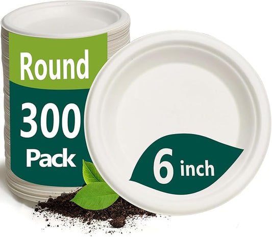 6 Inch Small Paper Plates, 300 Pack Disposable Compostable Dessert Plates Made from Sugarcane Fibers, Eco-Friendly, White