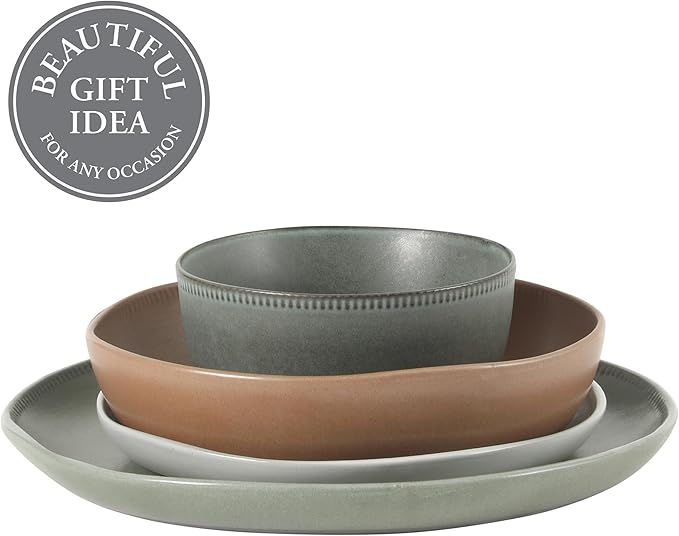 Gibson Elite Menlo Park 16-Piece Pottery Clay Stoneware Dinnerware Set ??Assorted Color Reactive Glaze, Organic Shape Embossed Plates and Bowls W/Pasta Bowl, Service for 4 Microwave Dishwasher Safe